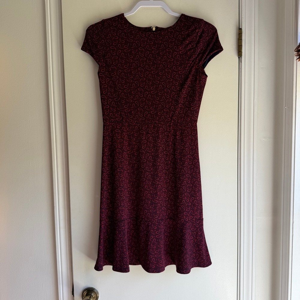 Michael Kors Burgundy Navy Paisley Fit and Flare Ruffle Hem Dress XS